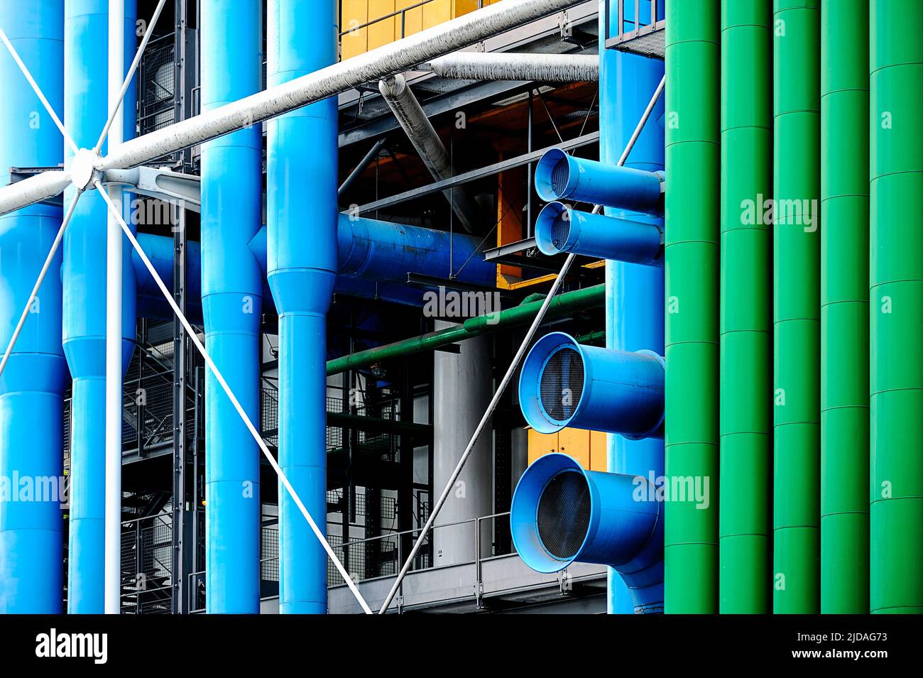 The Centre Pompidou building in Paris, exterior blue and green pipes. Stock Photo