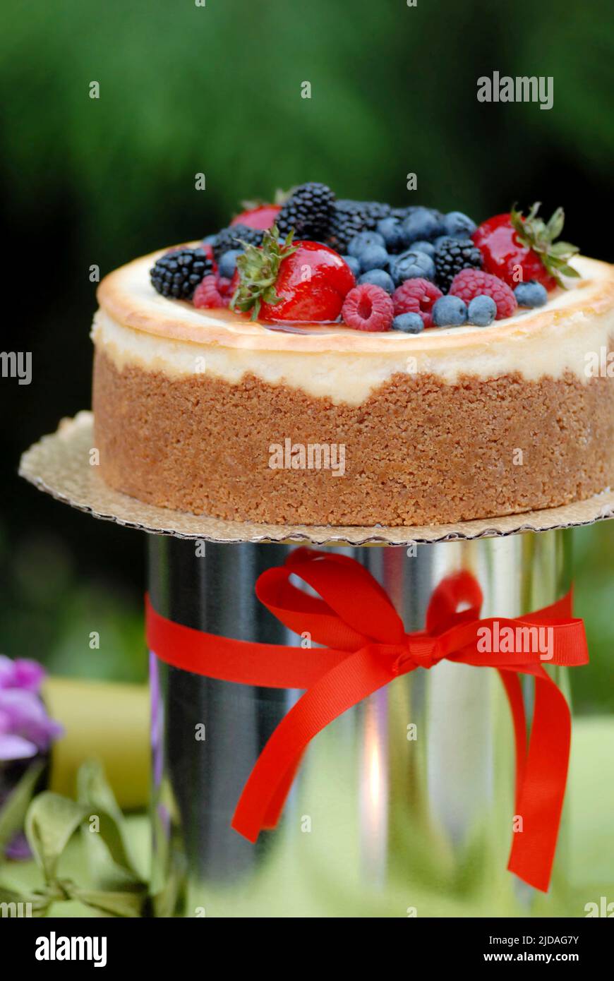 A cake with icing and fresh berries and a red ribbon. Stock Photo