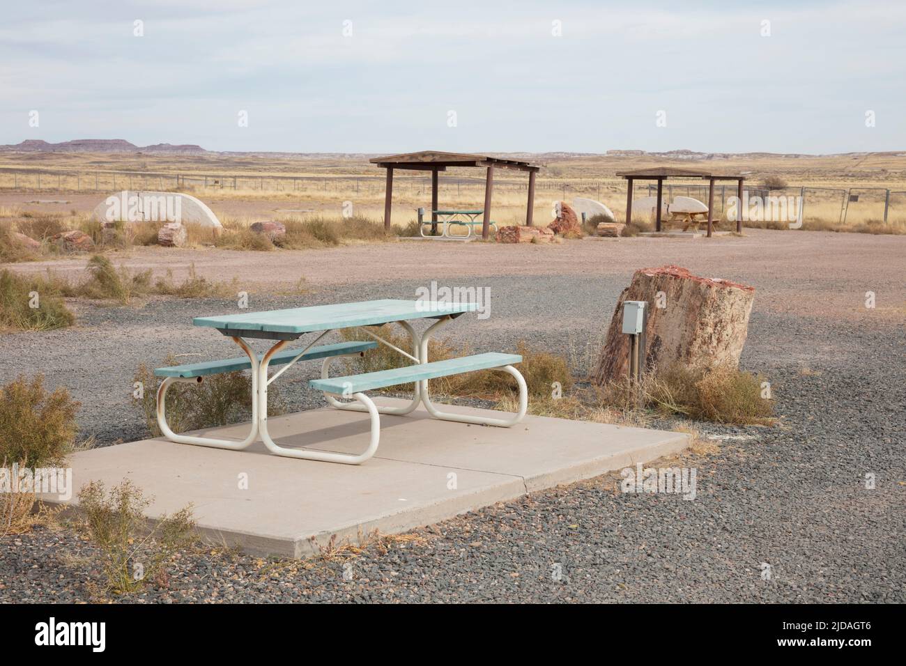 Rest stop and picnic area in vast desert Stock Photo