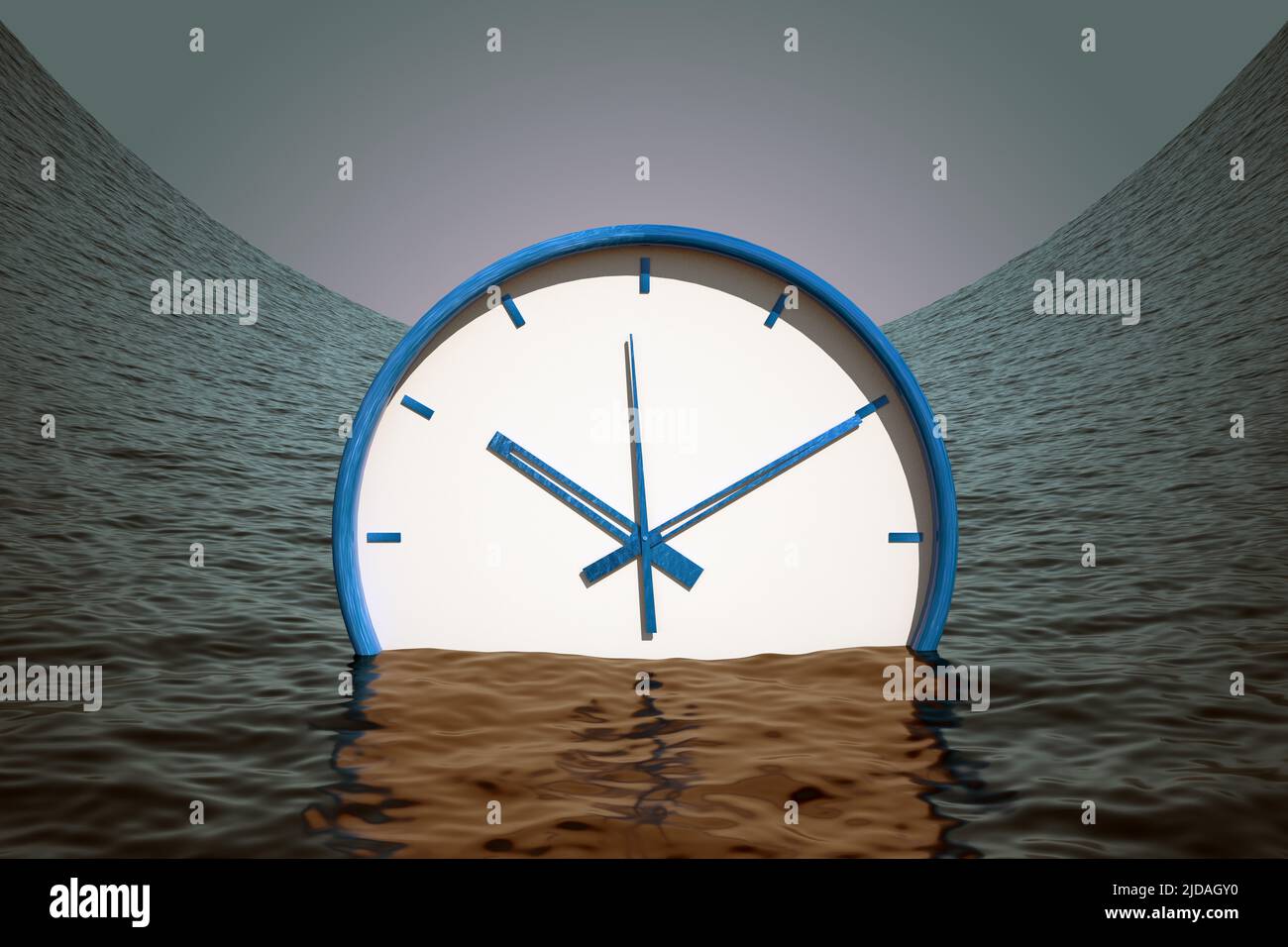 concept clock sinks into the curved surface sea. 3d rendering Stock ...