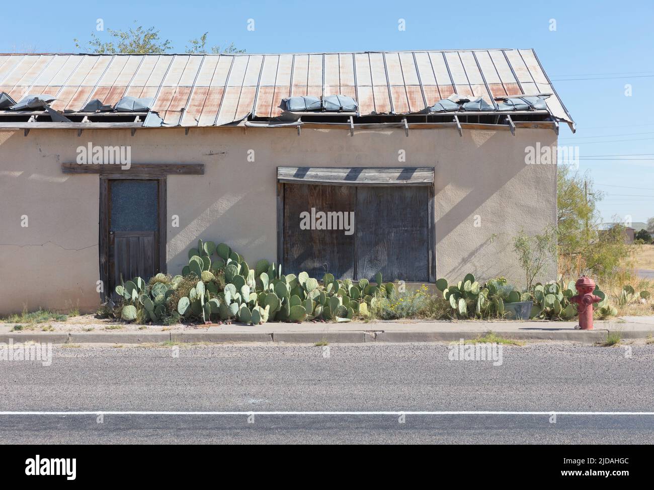 Abandoned building, cacti and fire hydrant Stock Photo