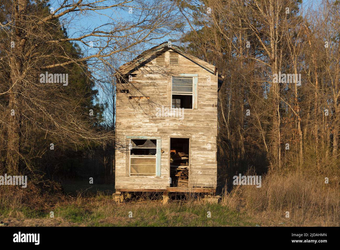 A rural homestead or small house abandoned and crumbling, overgrown with plants and shrubs. Stock Photo