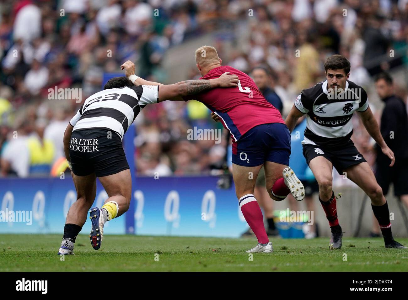 London, United Kingdom, 19, June, 2022, Jack Walker (England) (R) hands off Tani Vili (Barbarians) Pictured in action,, during England  Vs. Barbarians Rugby, Credit:, Graham Glendinning,/ Alamy Live News Final Score: 21-52 Credit: Graham Glendinning / GlennSports/Alamy Live News Stock Photo