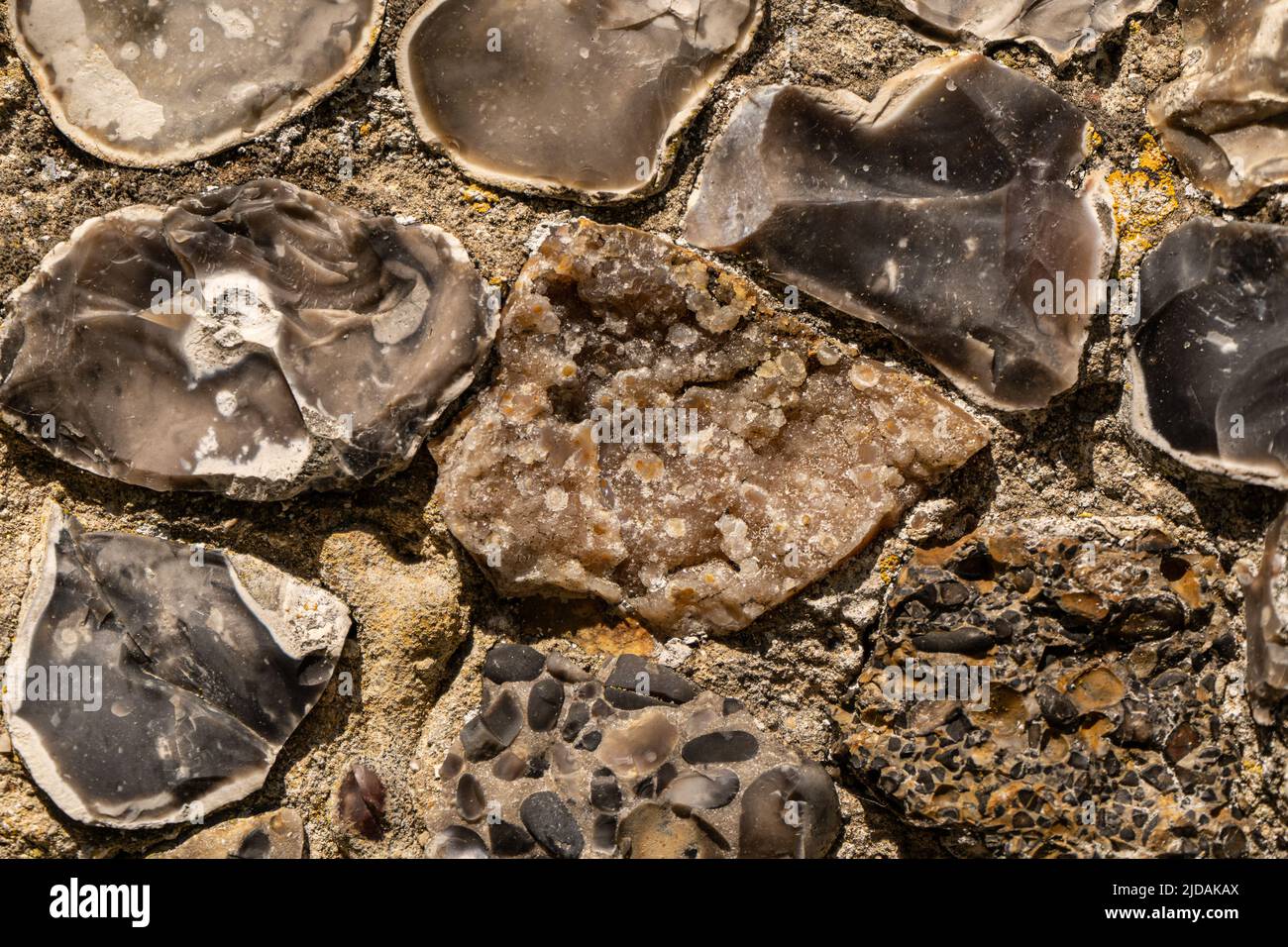 Closeup on various flint stones used in UK as a building material in ...