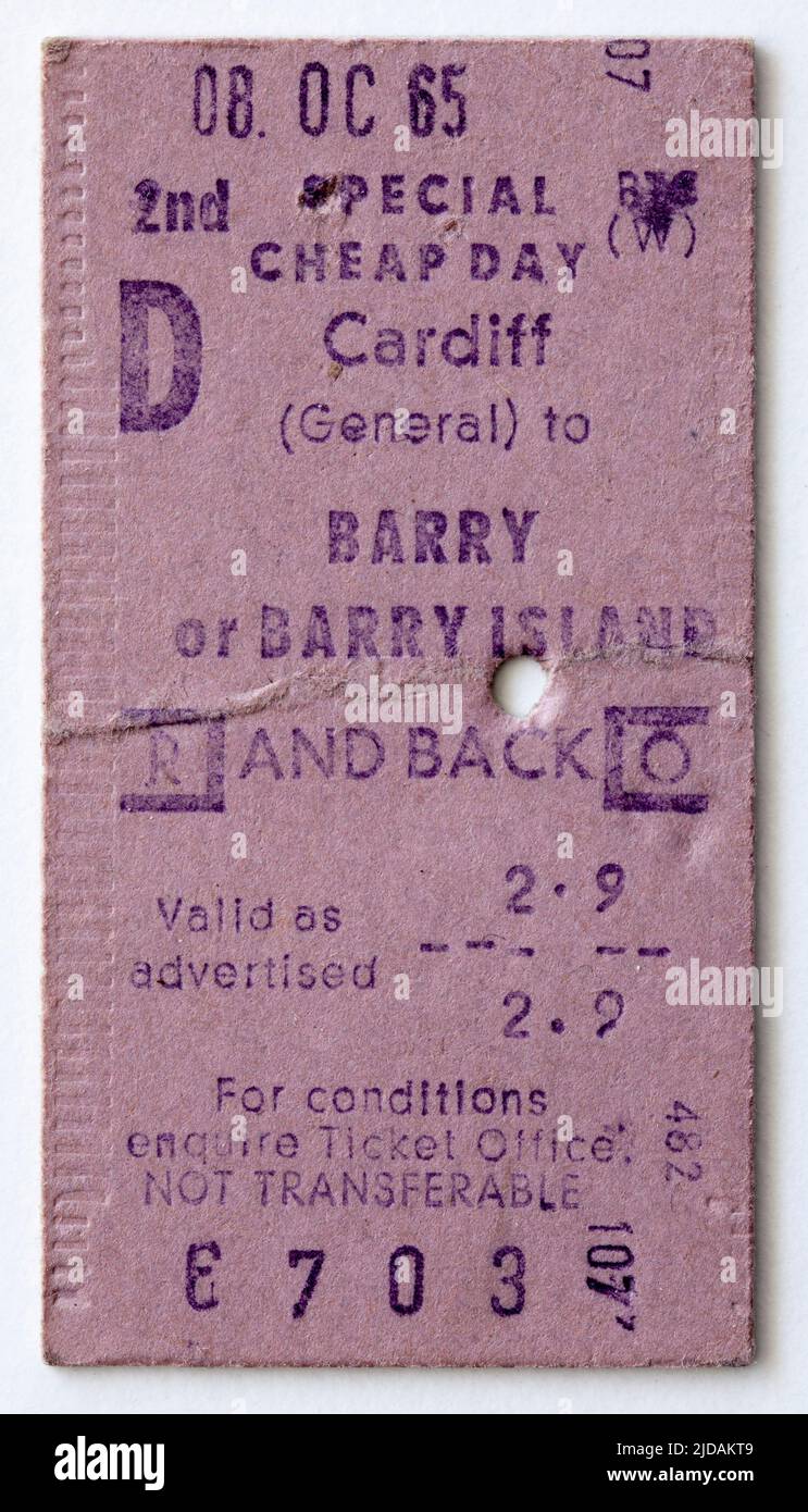 1960s British Rail Train Ticket Cardiff to Barry Island Stock Photo