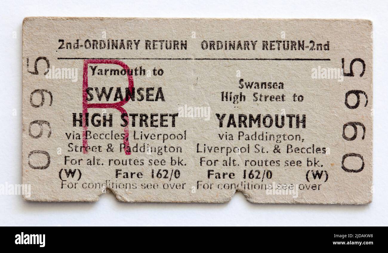 1960s British Rail Train Ticket Swansea to Yarmouth Stock Photo
