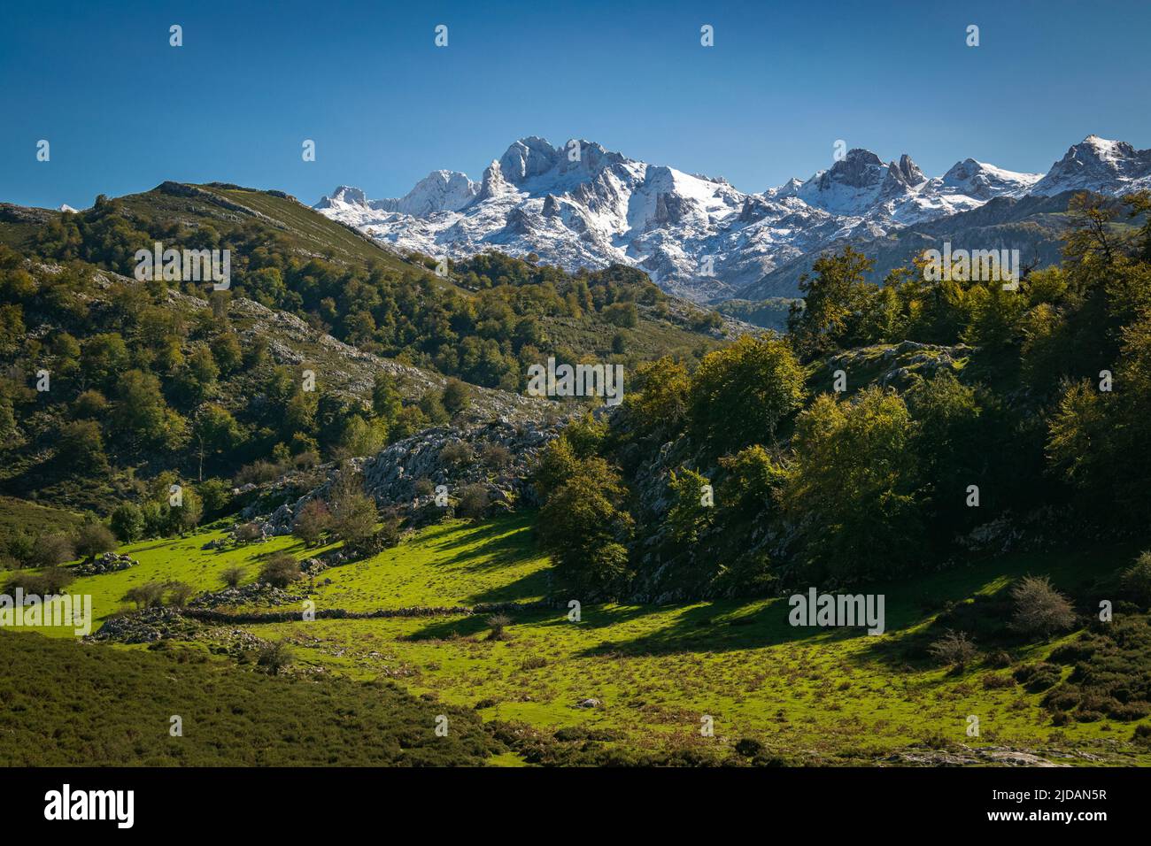 Snow-capped mountains in Covadonga, Asturias, Spain. Stock Photo