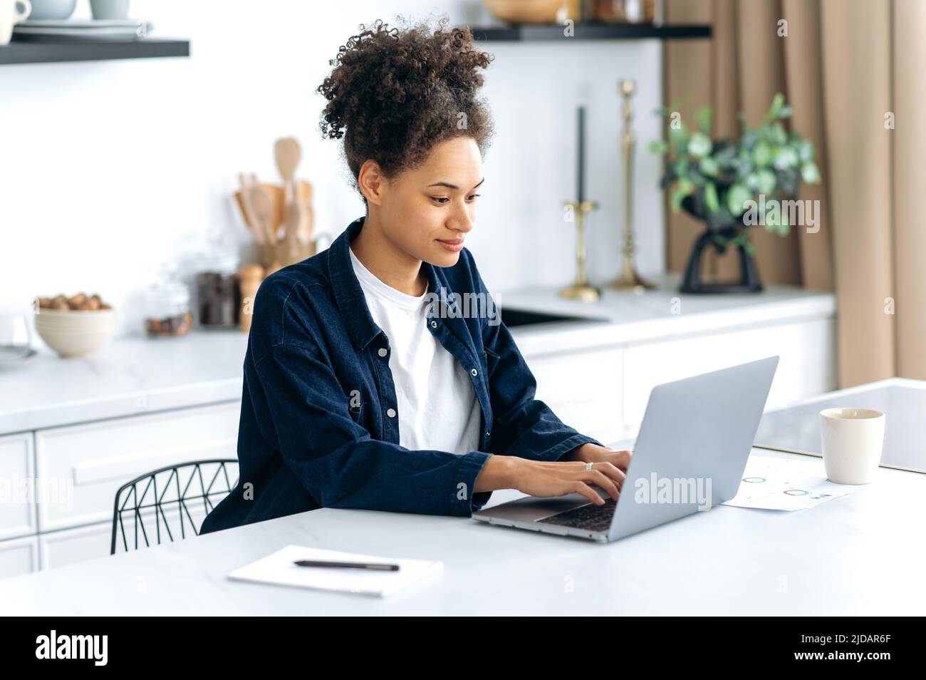 Focused smart pretty mixed race curly haired girl, designer, IT specialist, sitting at home in the kitchen, using laptop to work online from home, working on new project, strategizing, analyzing Stock Photo