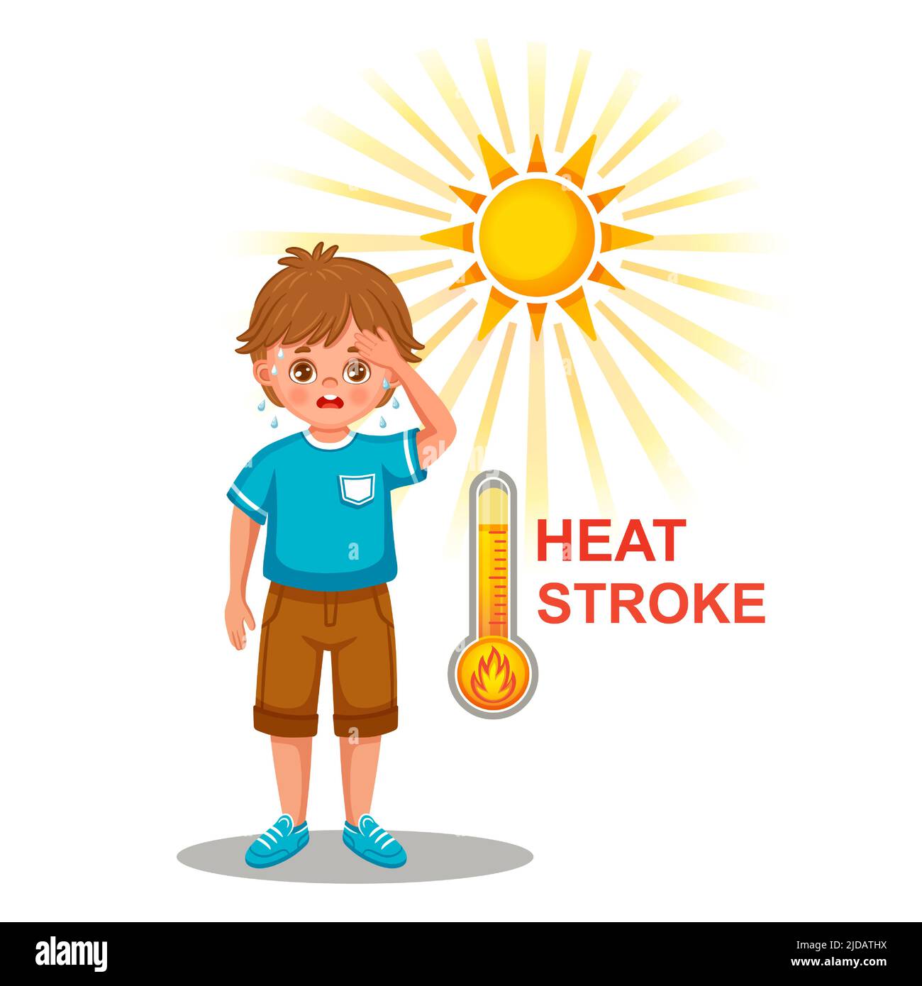 Heat stroke, sunstroke on hot summer sun. Sweating boy with heatstroke. Overheating, dehydration at high temperature on sunny day, sunburn. Vector Stock Vector