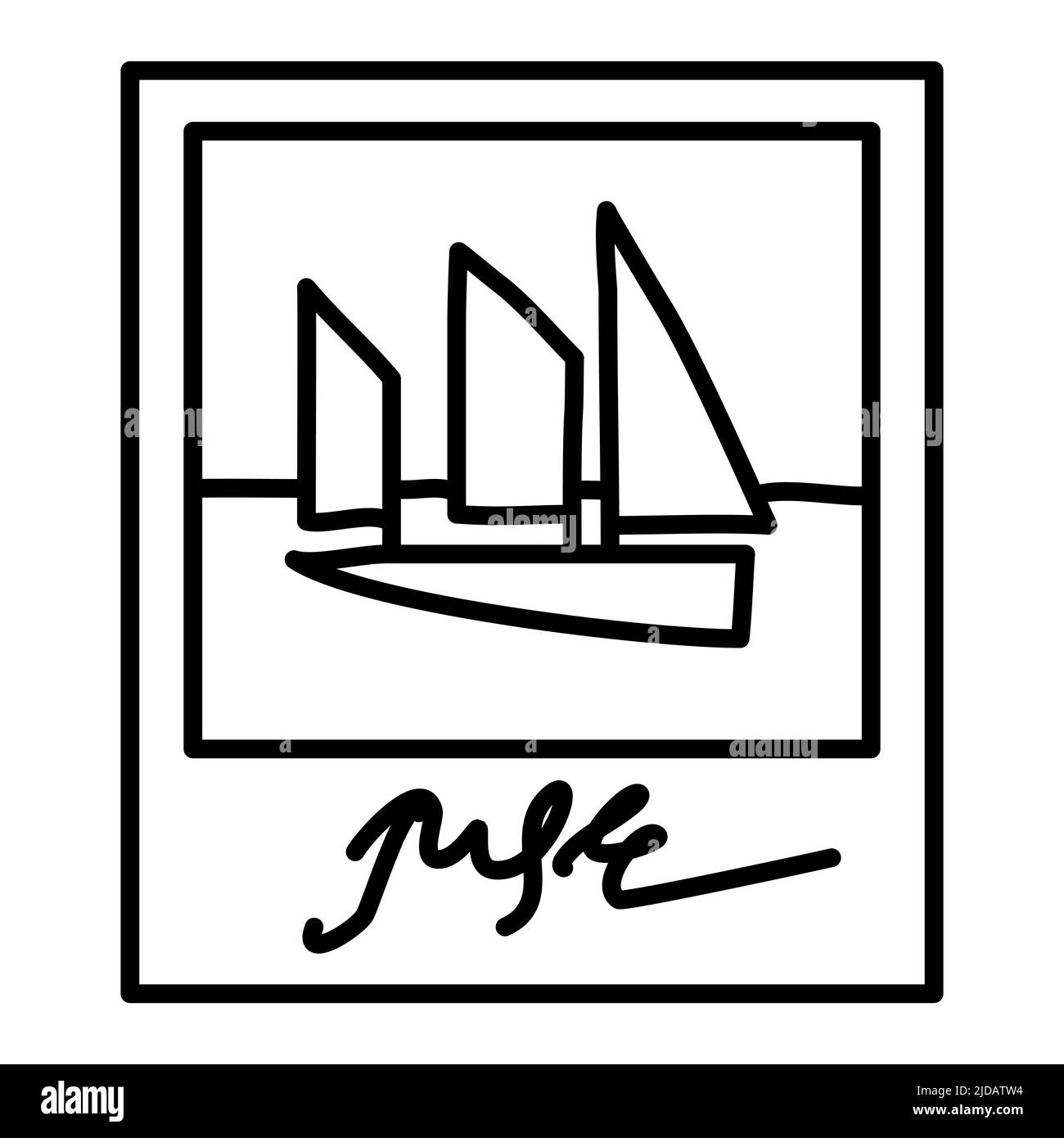 Cute photo frame memory from sailing vacation. Instant camera boat pic for travel photo album. Fun minimalist drawing Stock Vector