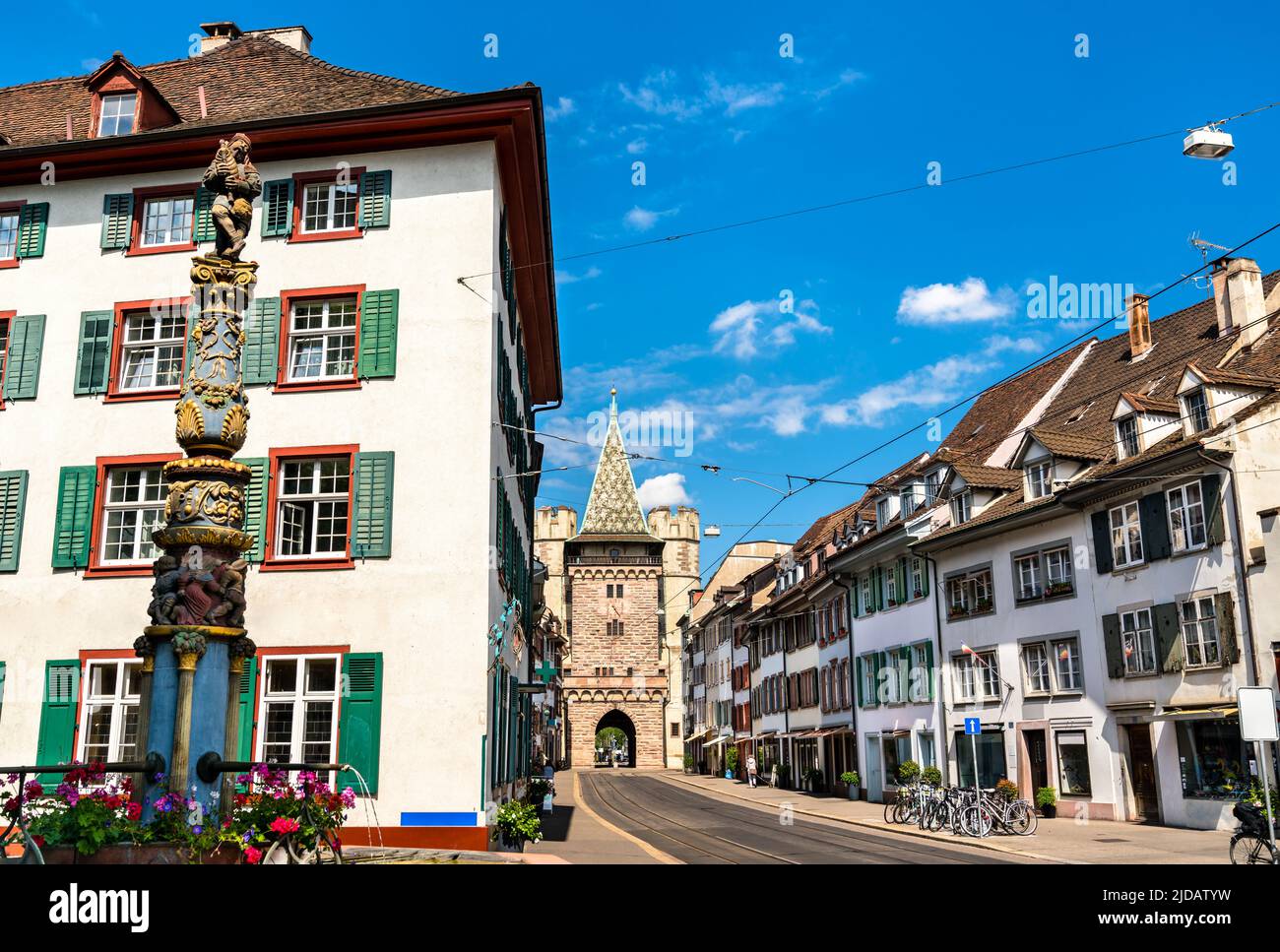 Spalen gate and fountain in Basel, Switzerland Stock Photo