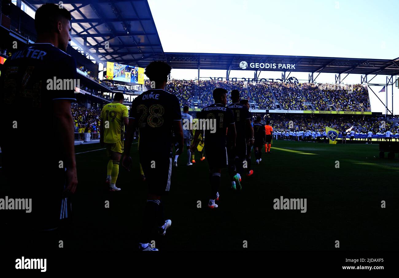 Nashville, USA. June 19, 2022: Nashville SC and Sporting Kansas City walk onto the field during the first half of an MLS game between Sporting Kansas City and Nashville SC at Geodis Park in Nashville TN Steve Roberts/CSM Credit: Cal Sport Media/Alamy Live News Stock Photo