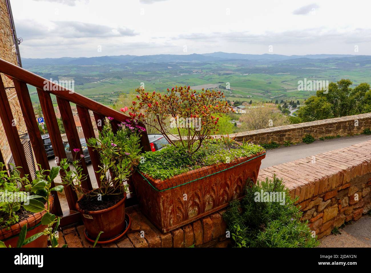 View of the Tuscan countryside from the top of the hill town, Volterra, Province of Pisa, Italy. Stock Photo