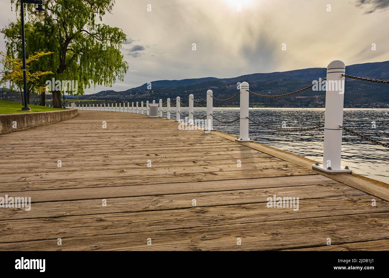 Kelowna Boardwalk, Canada. Promenade along the Okanagan Lake waterfront in Kelowna, BC. Summer activity,vacation. Street view, travel photo, nobody, c Stock Photo