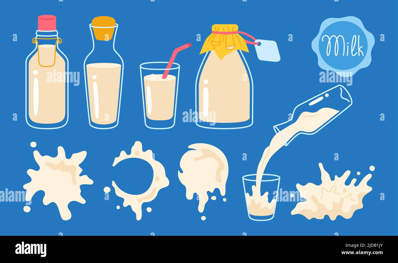 https://c8.alamy.com/comp/2JDB1JY/milk-dairy-food-cartoon-set-farm-foodstuff-yogurt-drink-in-glass-jug-bottle-or-carton-package-line-sign-design-natural-milk-products-splashes-drops-drip-vector-illustration-2JDB1JY.jpg