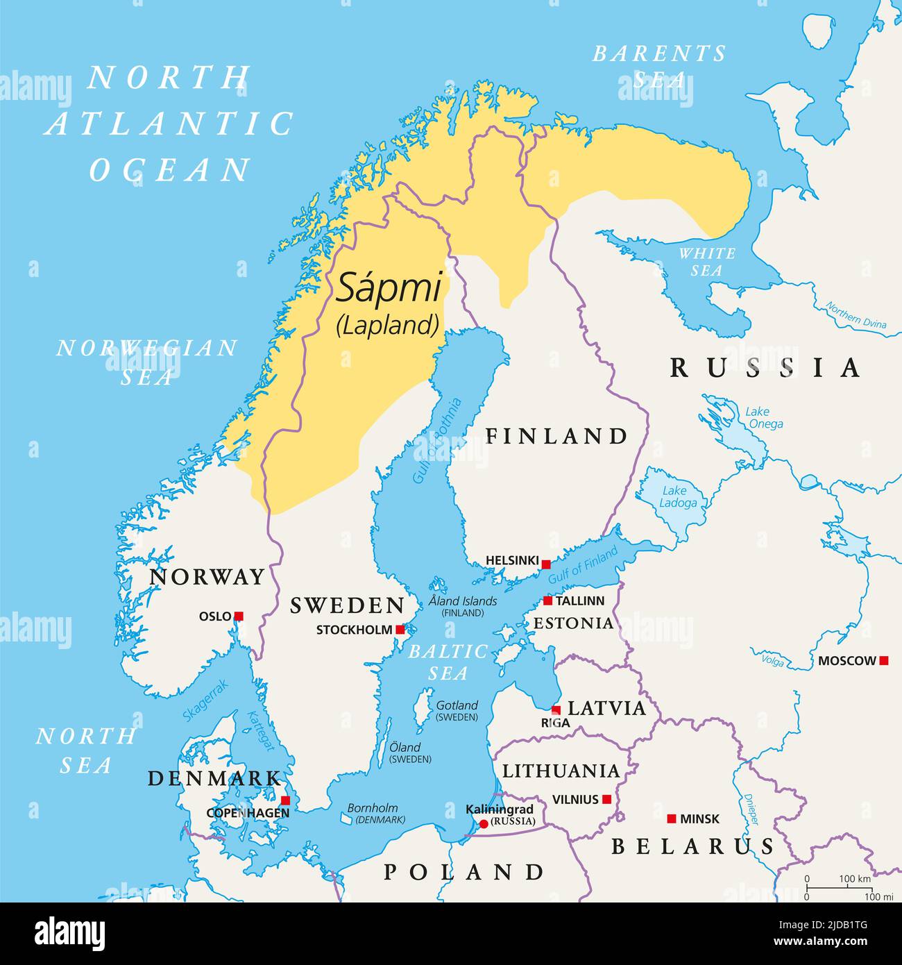 Sapmi, Lapland, political map. A cultural region in Northern and Eastern Europe, including the northern parts of Fennoscandia. Stock Photo