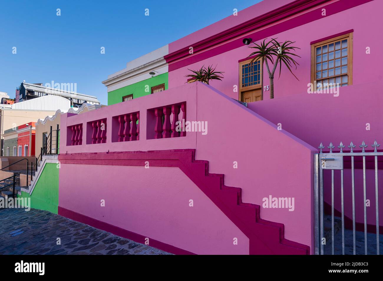 Closeup of colorful heritage houses on Wale Street in the BoKaap