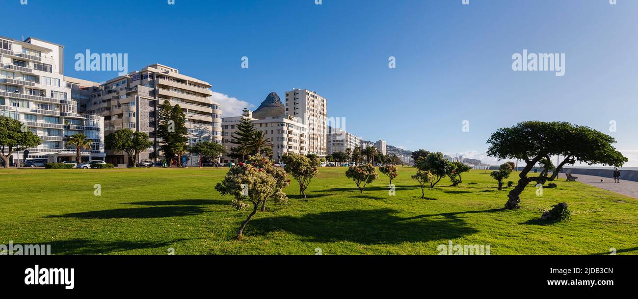 Buildings and parkland along the Sea Point Promenade in Cape Town; Sea Point, Cape Town, South Africa Stock Photo