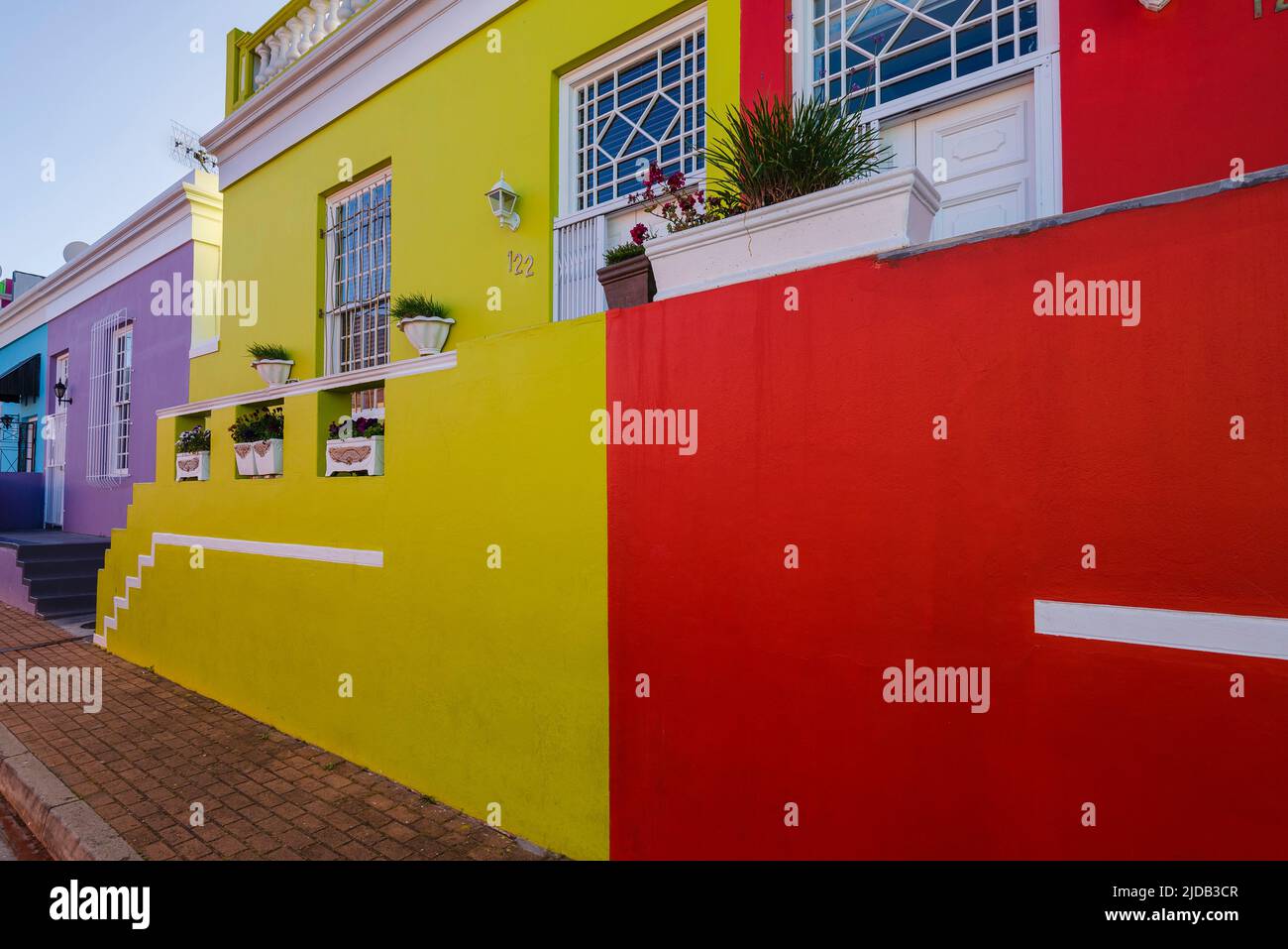 Close-up of colorful heritage houses on Wale Street in the Bo-Kaap District; Cape Town, Western Cape, South Africa Stock Photo