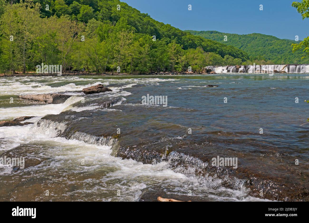 Rapids and Falls in a Mountain Stream in Spring on Sandstone Falls on the New River in West Virginia Stock Photo