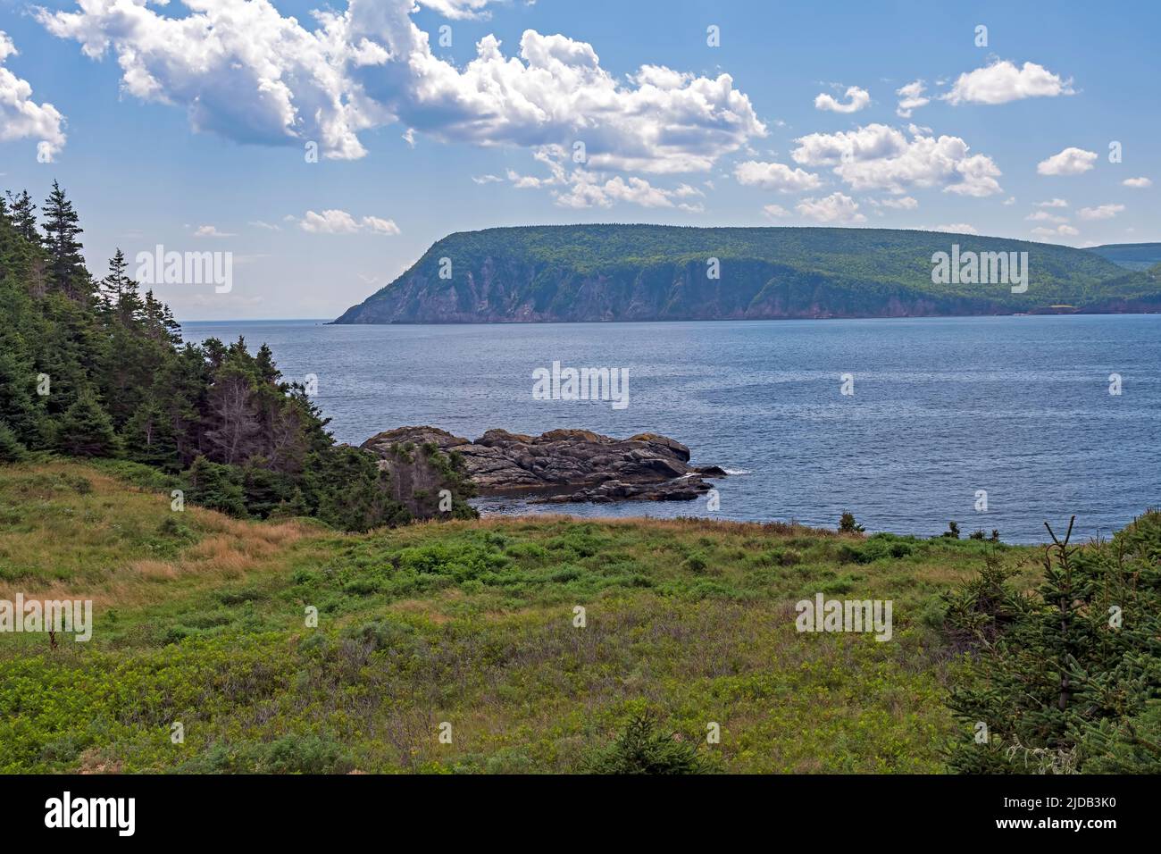 Distant Cliffs Across an Ocean Bay in Cape Breton Highland National Park in Nova Scotia Stock Photo