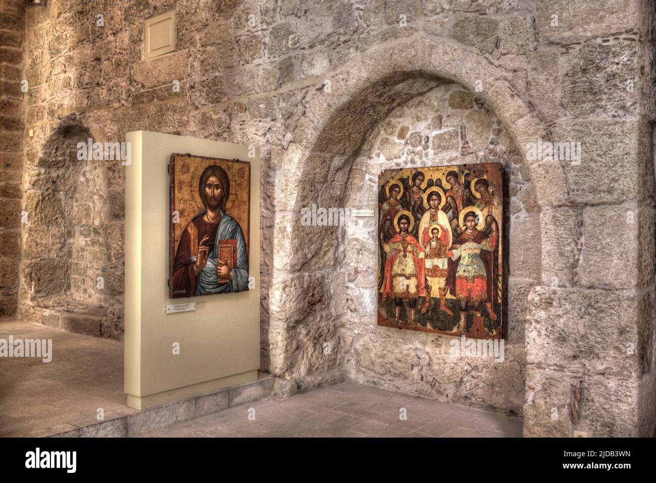 Religious paintings, icons, at Our Lady of the Castle Church in the Byzantine Art Museum (Palace of the Grand Master of the Knights of Rhodes) in R... Stock Photo