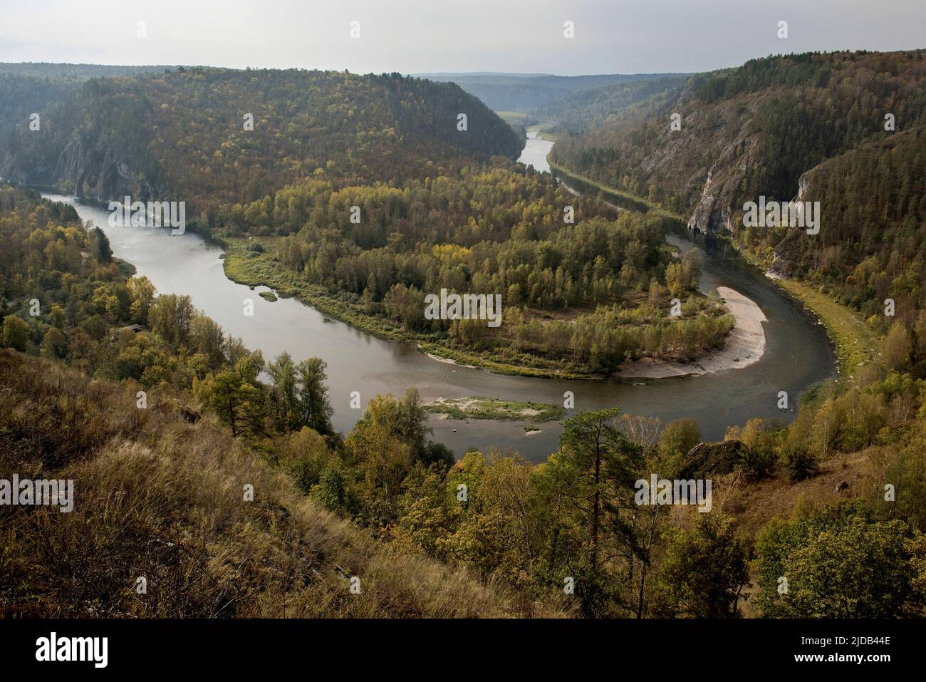 Bend of the river Belaya, viewed from the mountain Sarycuskan in which Shulgan-Tash (Kapova) cave is located; Russia Stock Photo