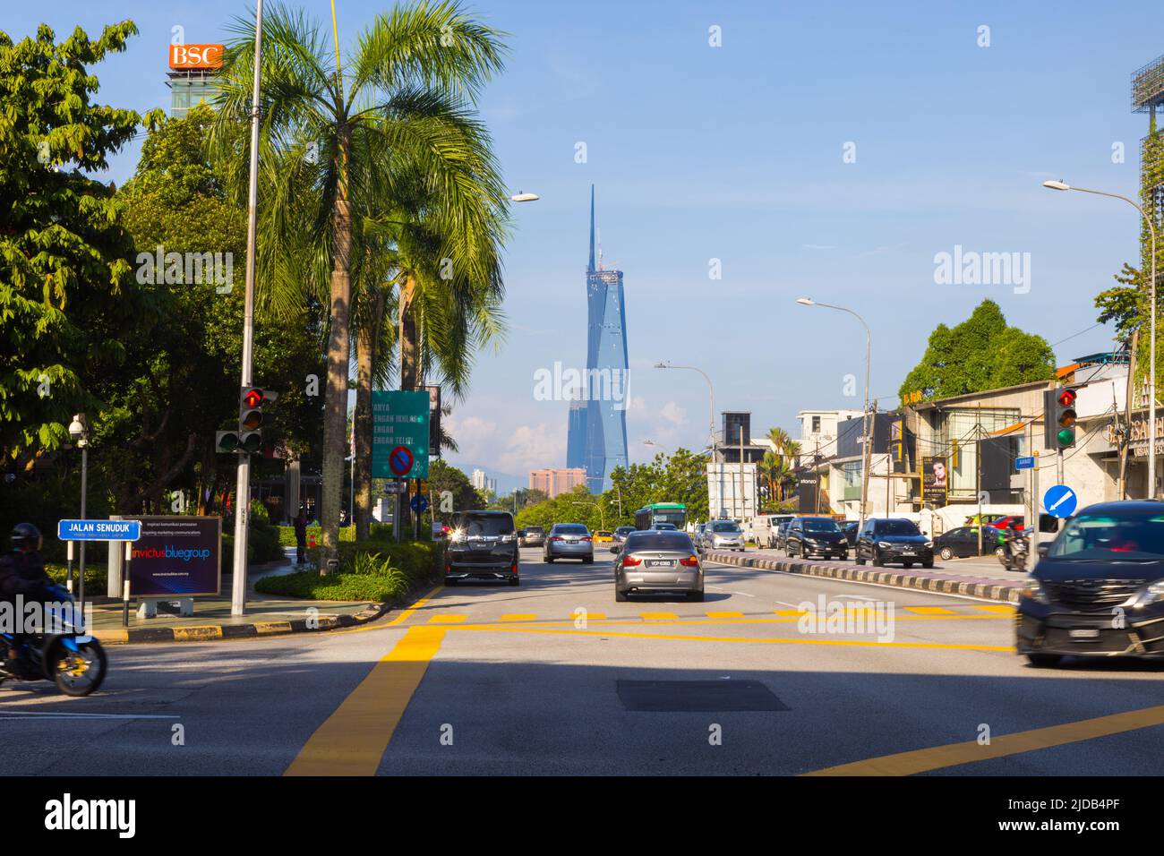 Kuala Lumpur, Malaysia - June 8, 2022: The new second tallest building in the world, Merdeka 118. The new icon behind a busy junction with high traffi Stock Photo