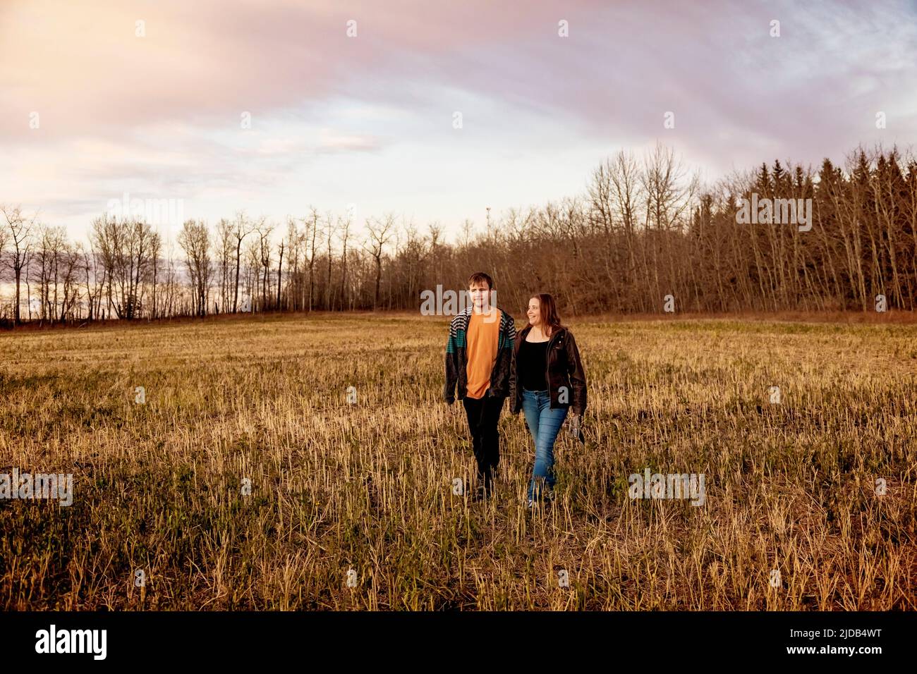 A mother with Epilepsy spending quality time outdoors with her son, who has Asperger Syndrome; Westlock, Alberta, Canada Stock Photo