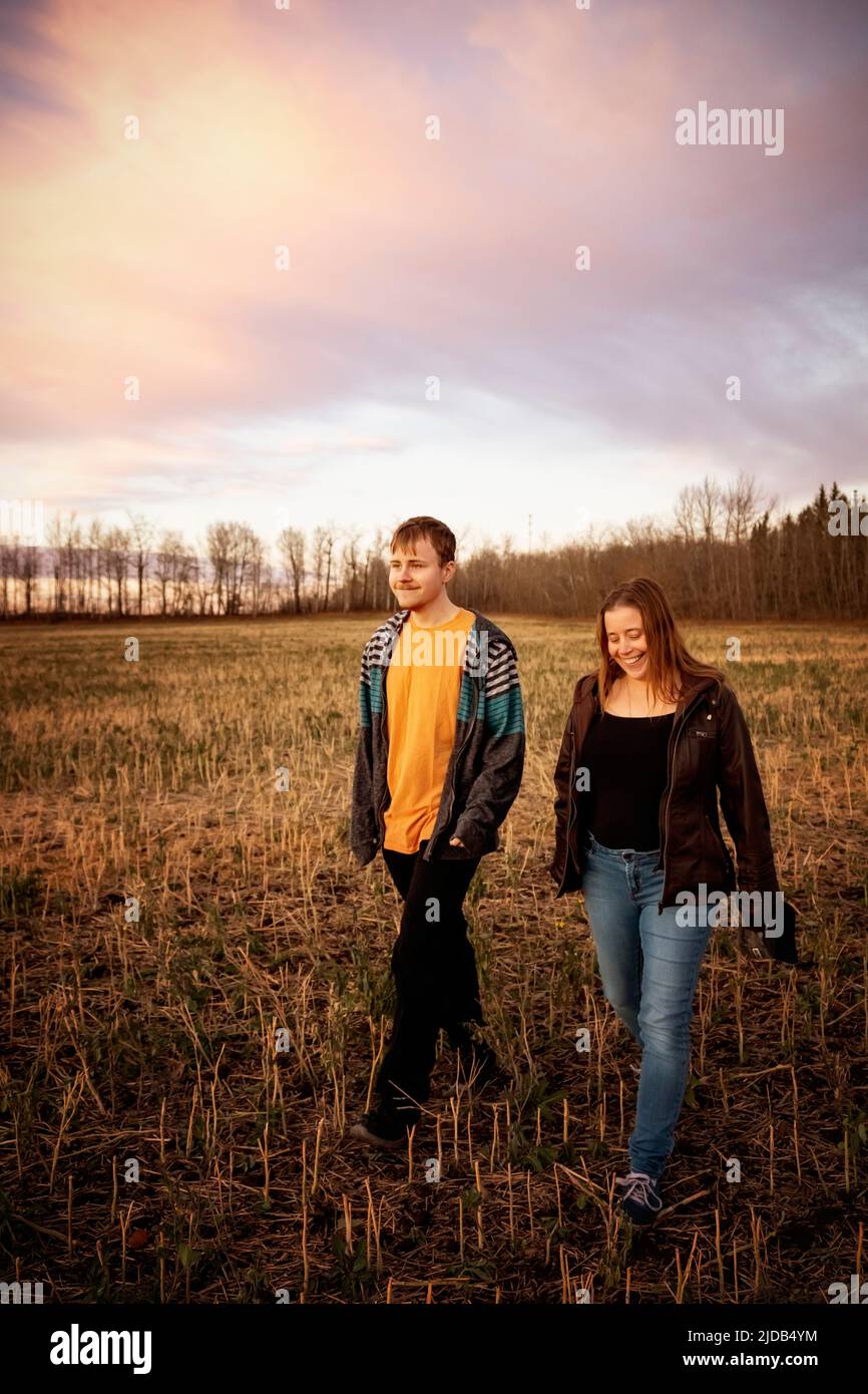 A mother with Epilepsy spending quality time outdoors with her son, who has Asperger Syndrome; Westlock, Alberta, Canada Stock Photo