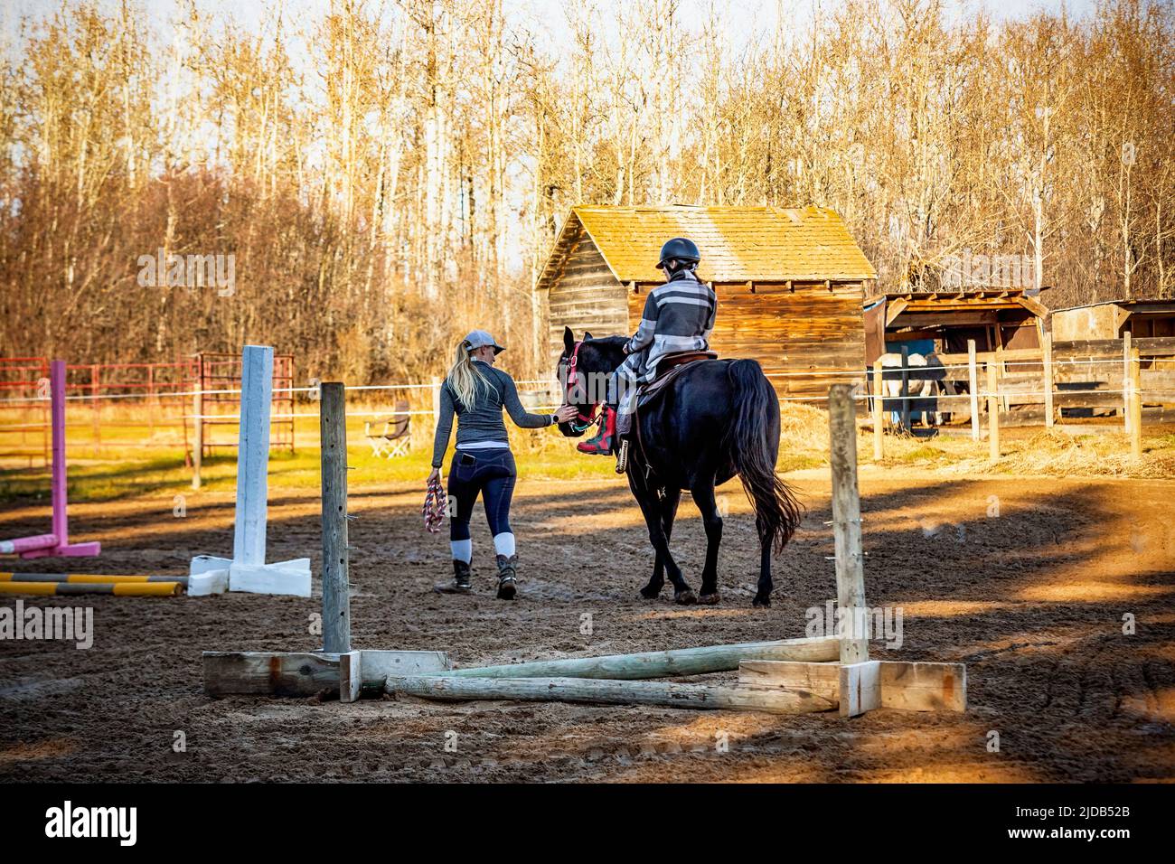 A young girl with Cerebral Palsy and her trainer working with a horse