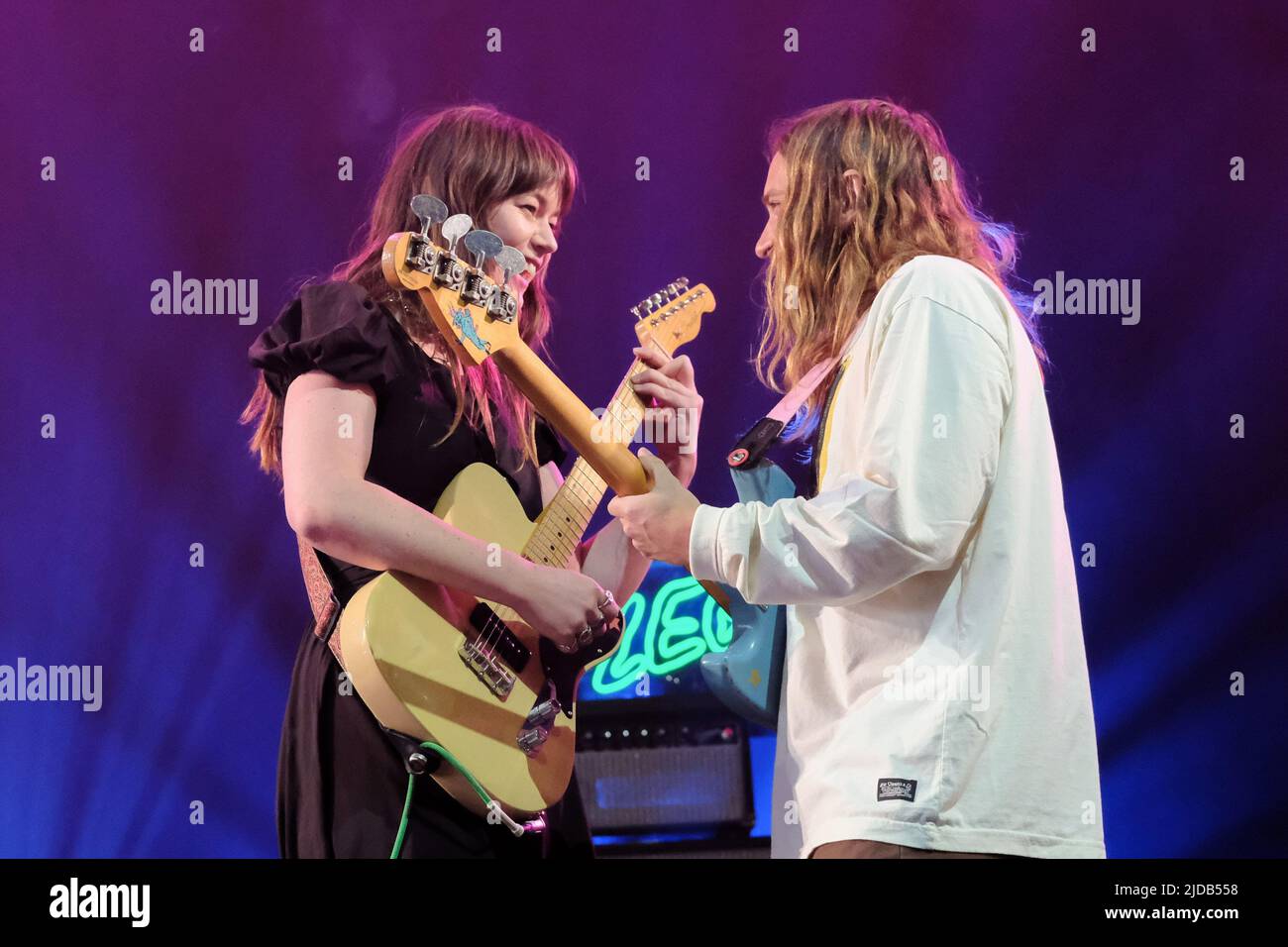 Newport, UK. 19th June, 2022. (L-R) Rhian Teasdale. lead vocalist and guitarist and Ellis Durand, bass player with British indie rock band Wet Leg from the Isle of Wight UK performing live on stage at the Isle of Wight Festival. (Photo by Dawn Fletcher-Park/SOPA Images/Sipa USA) Credit: Sipa USA/Alamy Live News Stock Photo