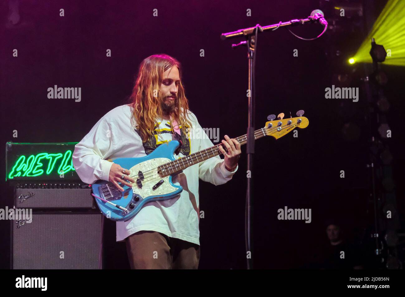 Newport, UK. 19th June, 2022. Ellis Durand, bass player with British indie rock band Wet Leg from the Isle of Wight UK performing live on stage at the Isle of Wight Festival. (Photo by Dawn Fletcher-Park/SOPA Images/Sipa USA) Credit: Sipa USA/Alamy Live News Stock Photo