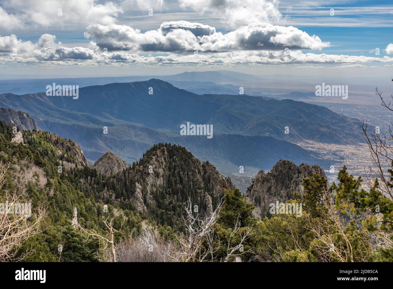 View of the base of the Sandia Mountains, New Mexico from the top of the Sandia Crest, Sandia Mountains Stock Photo