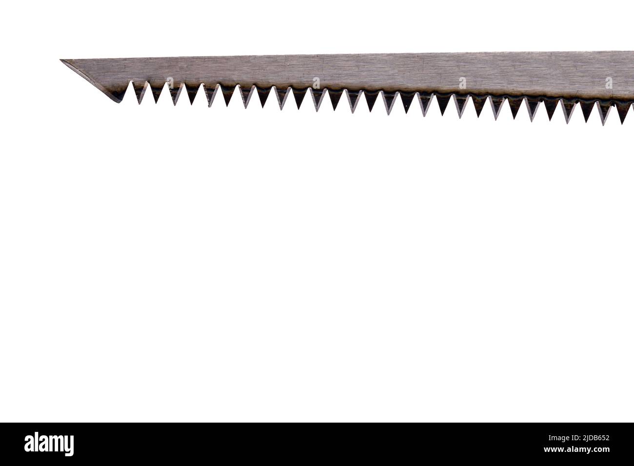 Close up of straight metal saw blade with pointed shape and long sharp teeth on white background concept sharpness Stock Photo