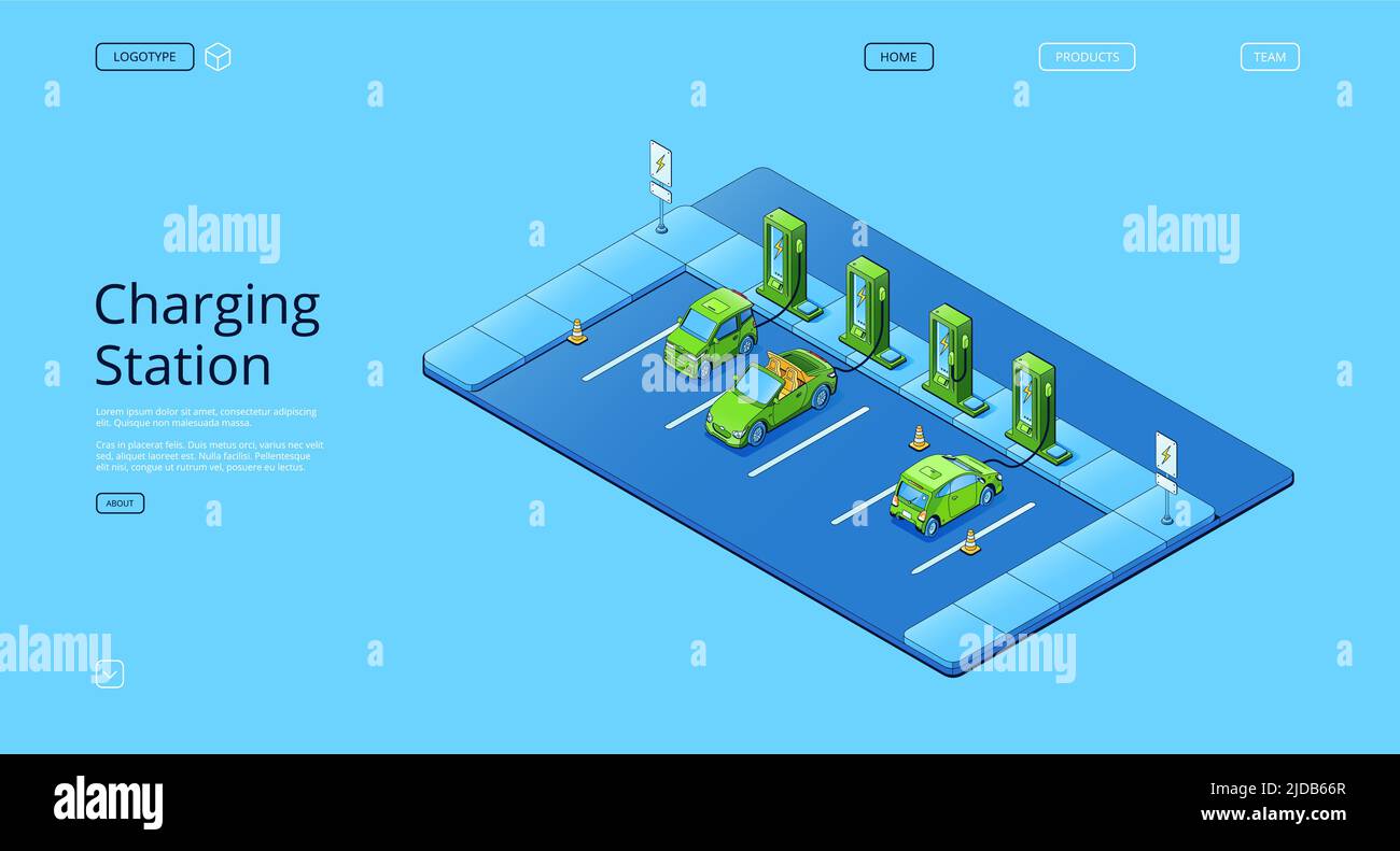 Banner of charging station for electric cars. Vector landing page with isometric illustration of electro vehicles, auto with energy battery on parking with ev chargers Stock Vector