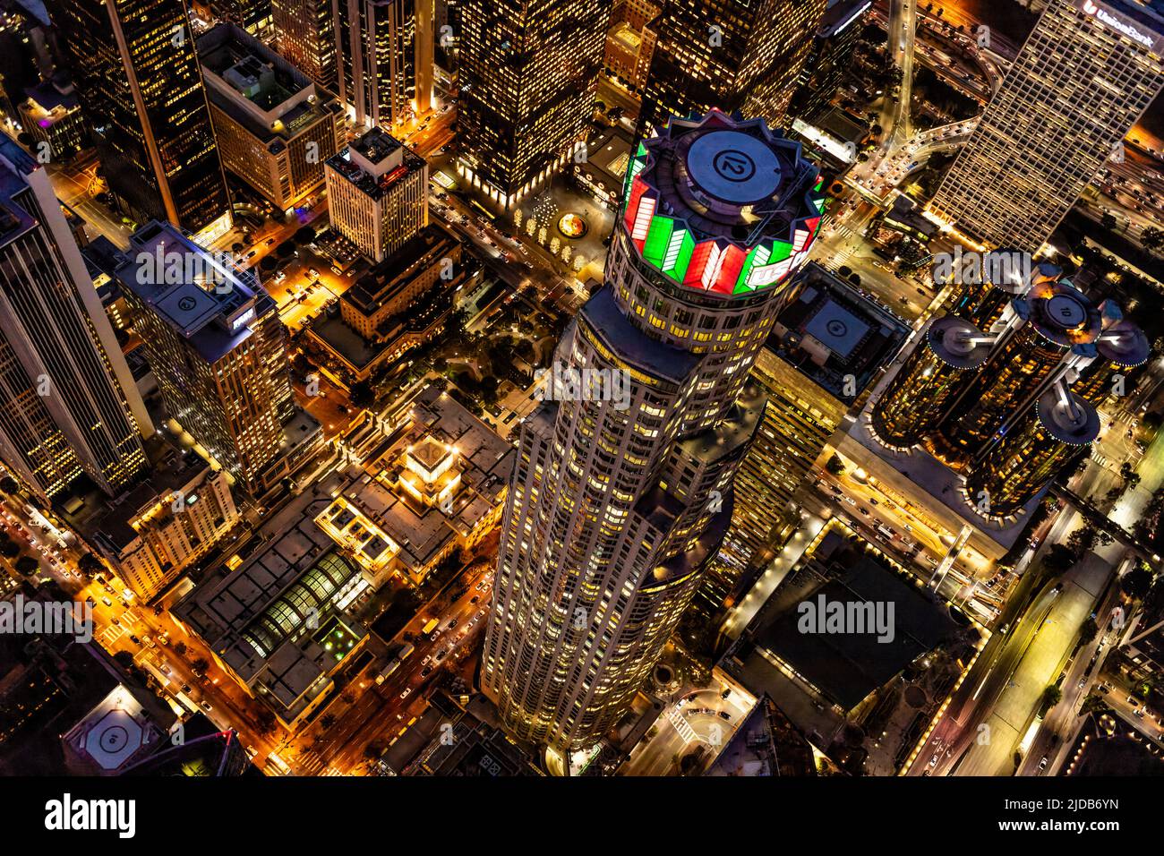 Evening aerial view of the US Bank Tower and downtown Los Angeles. Stock Photo