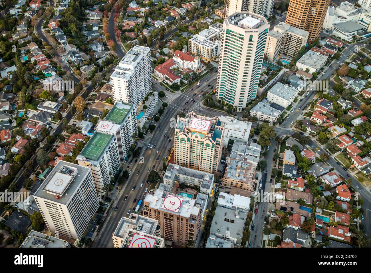Aerial view of Wilshire Boulevard in Los Angeles. Stock Photo