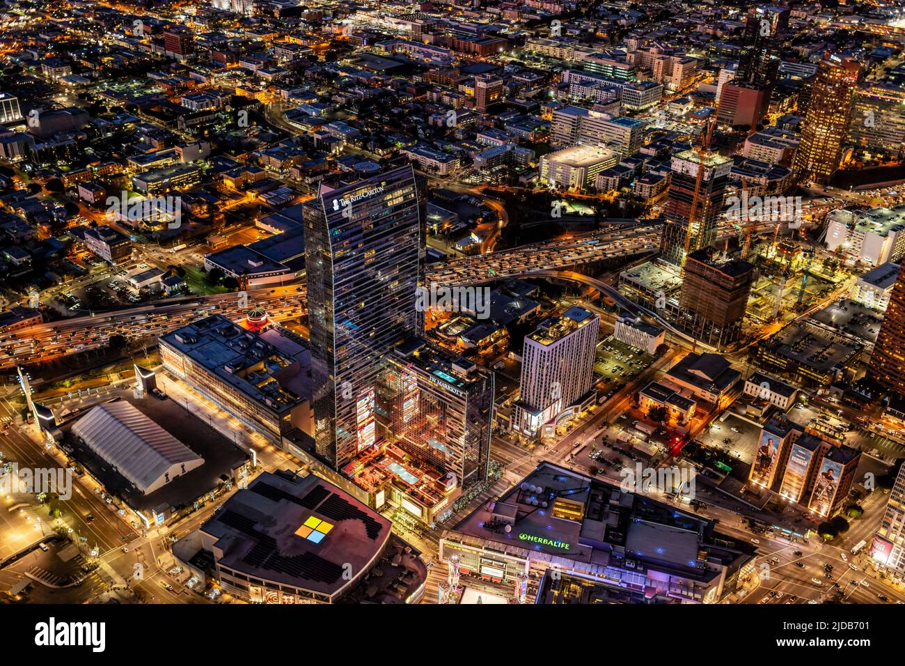 Evening aerial view of the Ritz Carlton, Microsoft Theatre in Los Angles. Stock Photo