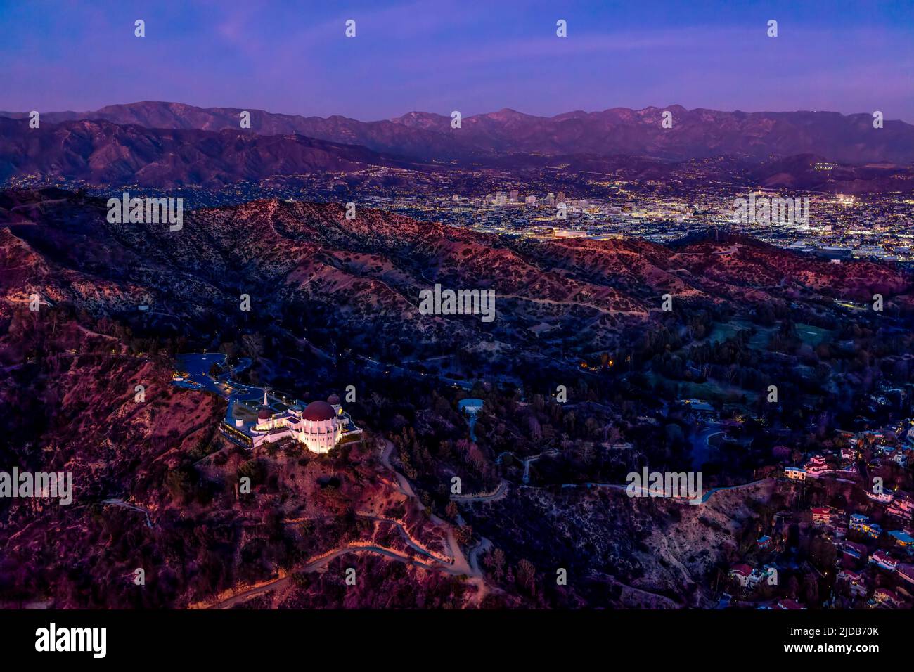 Aerial view of Griffith Observatory at sunset with Los Angeles in the background. Stock Photo