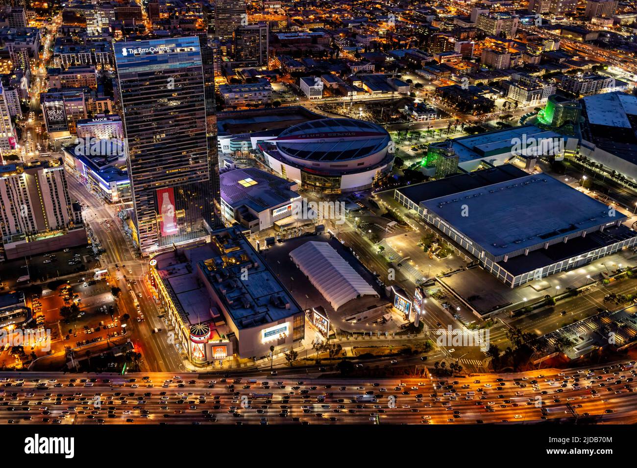 Evening aerial view of the Ritz Carlton, Microsoft Theatre and Staples Center. Stock Photo