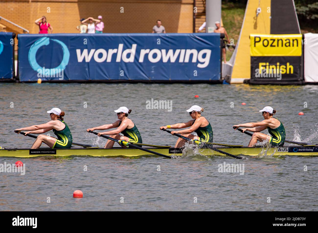 Poznan, Poland. 19th June, 2022. Lucy Stephan, Katrina Werry, Bronwyn Cox and Annabelle Mcintyre of Australia (from R to L) compete during Women's Four Final of the 2022 World Rowing Cup II on Lake Malta in Poznan, Poland, June 19, 2022. Credit: Pawel Jaskolka/Xinhua/Alamy Live News Stock Photo