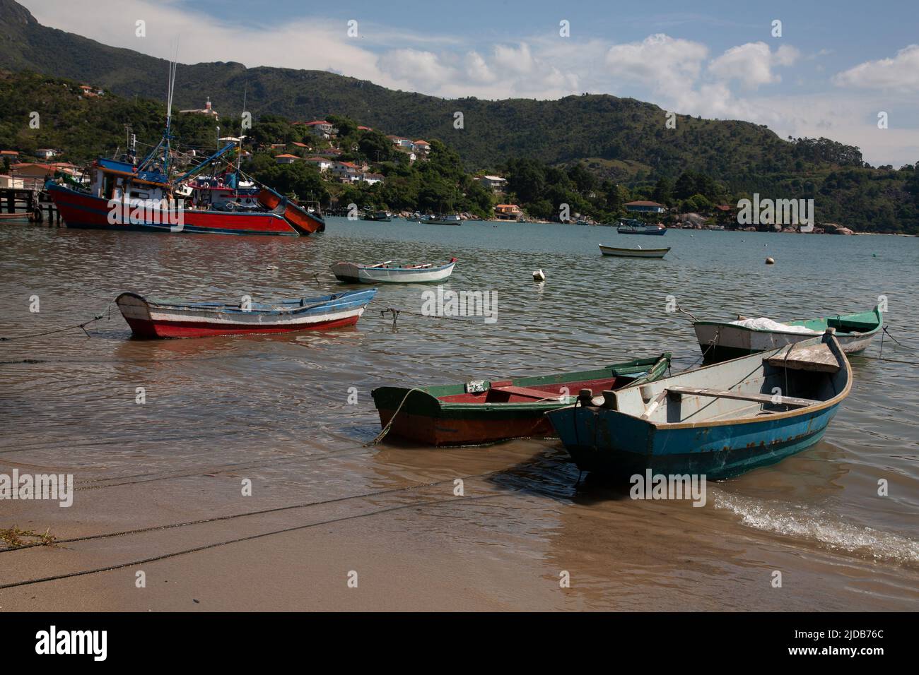 Fishing boats at the beach in Governador Celso Ramos, Santa Catarina, Brazil Stock Photo