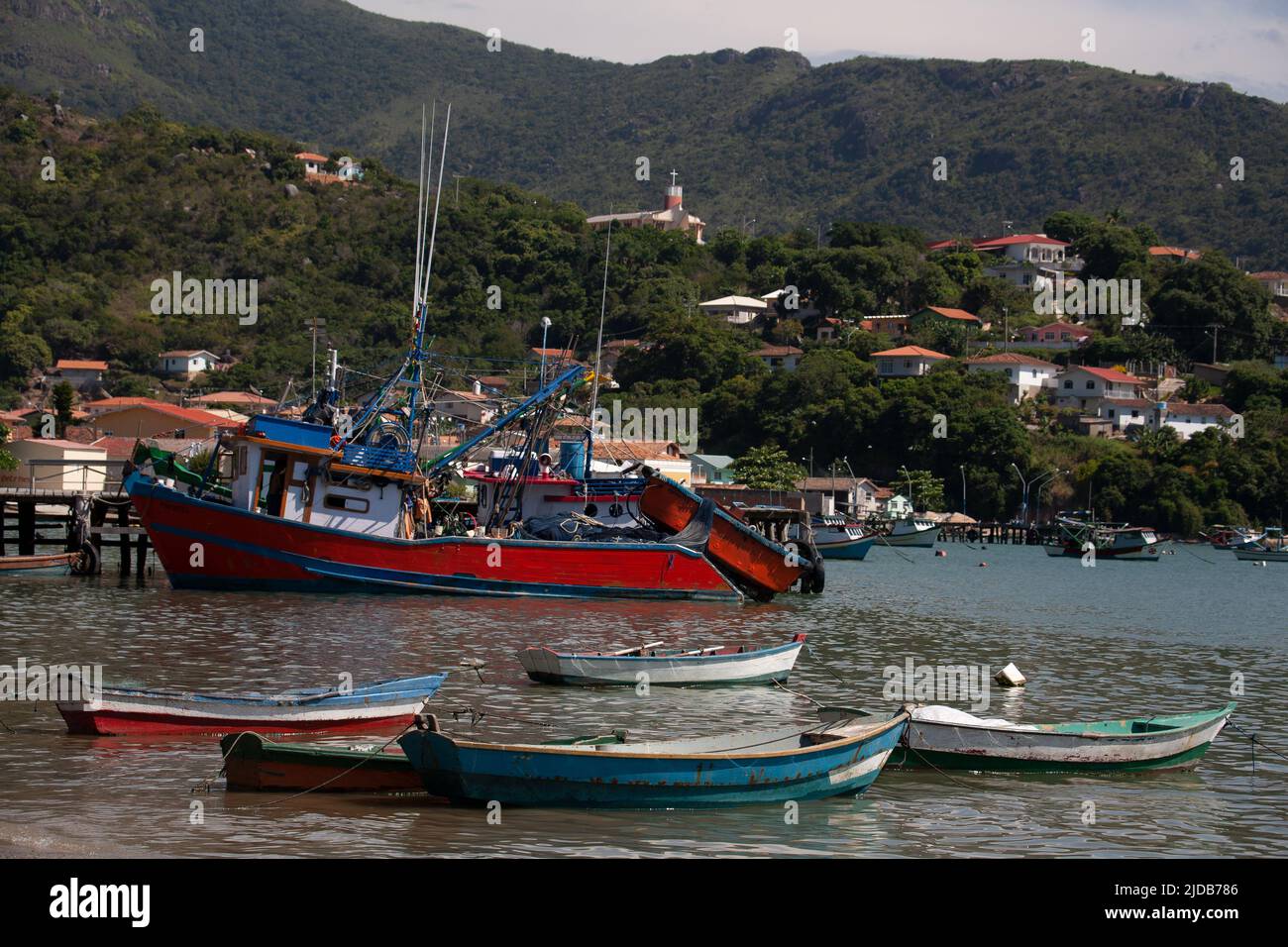 Fishing boats in the harbor in Governador Celso Ramos, Santa Catarina, Brazil Stock Photo