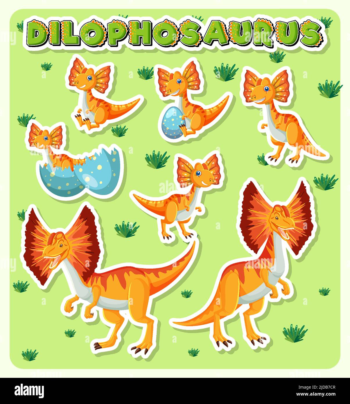 Set of cute dilophosaurus dinosaur cartoon characters illustration ...