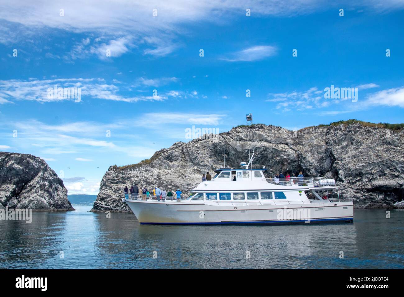 The Discovery, a tour boat based in Homer, Alaska, takes birdwatchers to the Gull Island seabird rookery in Kachemak Bay. Stock Photo