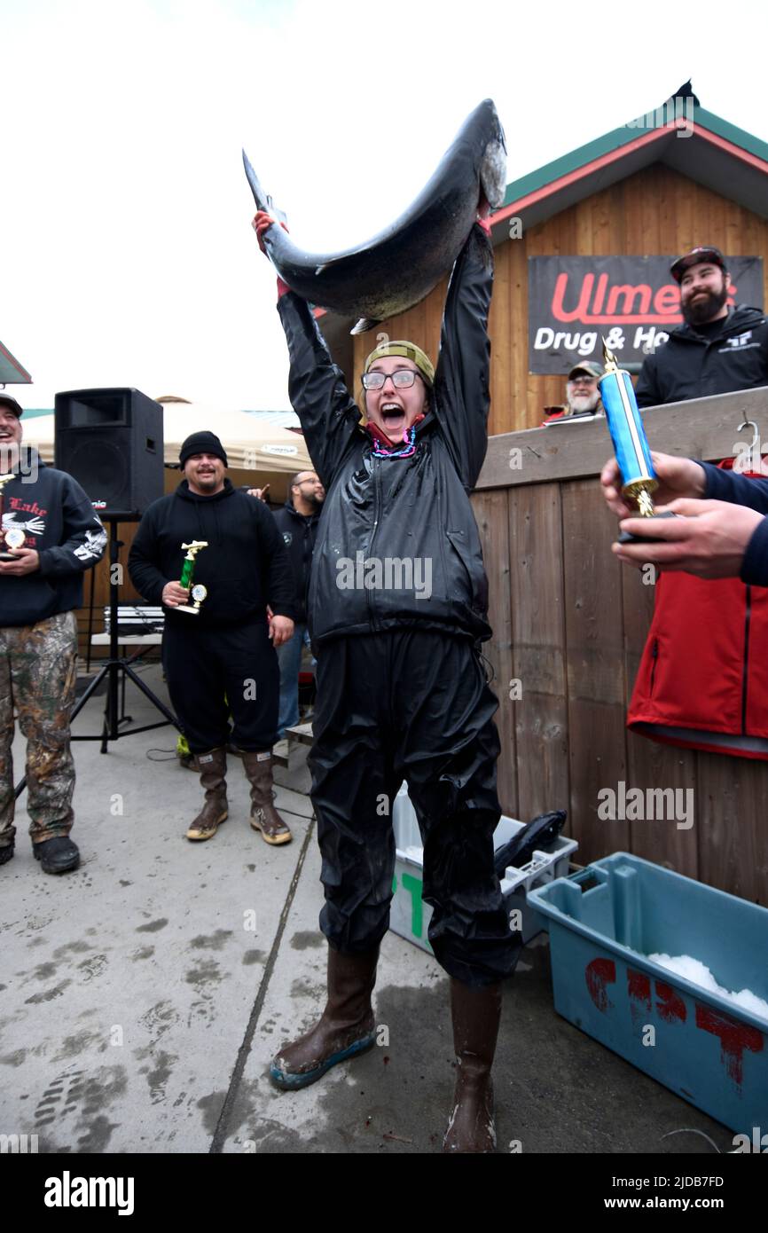 Shayna Perry of Eagle River, Alaska celebrates her first place win in the 26th annual Homer Winter King Tournament on March 23, 2019. Perry is the fir Stock Photo