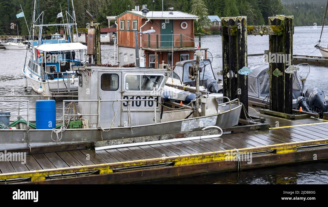 Fishing boats in the Bamfield harbour on the west coast of Vancouver Island; Bamfield, British Columbia, Canada Stock Photo