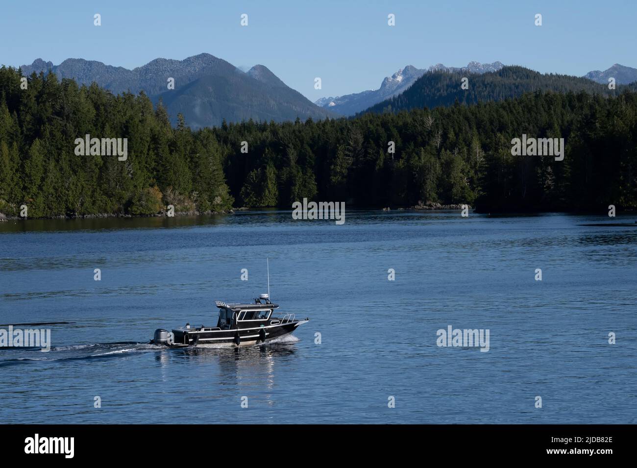 Small motorboat moves slowing along the coastline of Vancouver Island at the town of Tofino with a view of the temperate rainforest and Coast Mount... Stock Photo