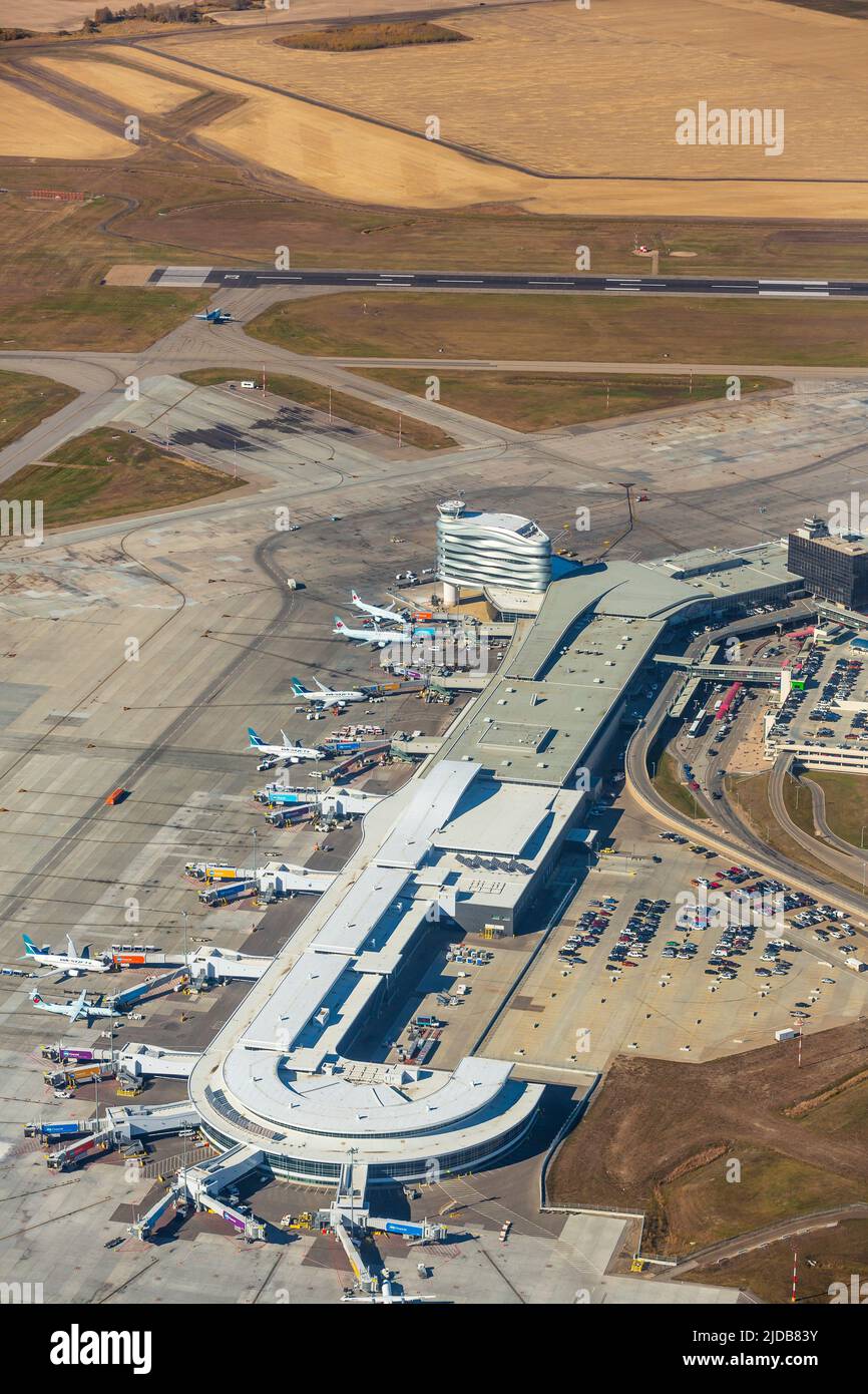 Aerial view of terminal buildings at  Edmonton International Airport located near Leduc, Alberta Canada. Stock Photo